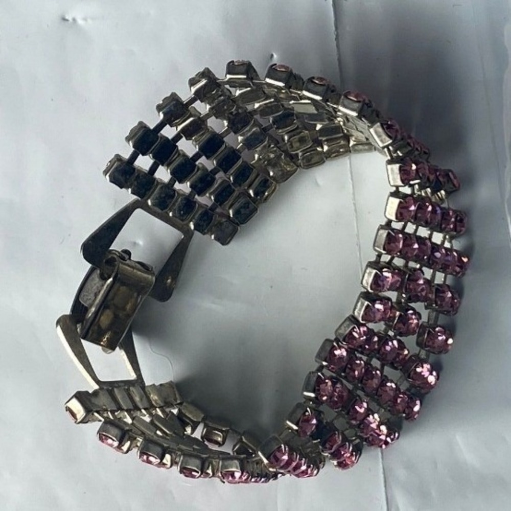 Sparkly Rhinestone Tennis Bracelet Silver Tone Pink Stones